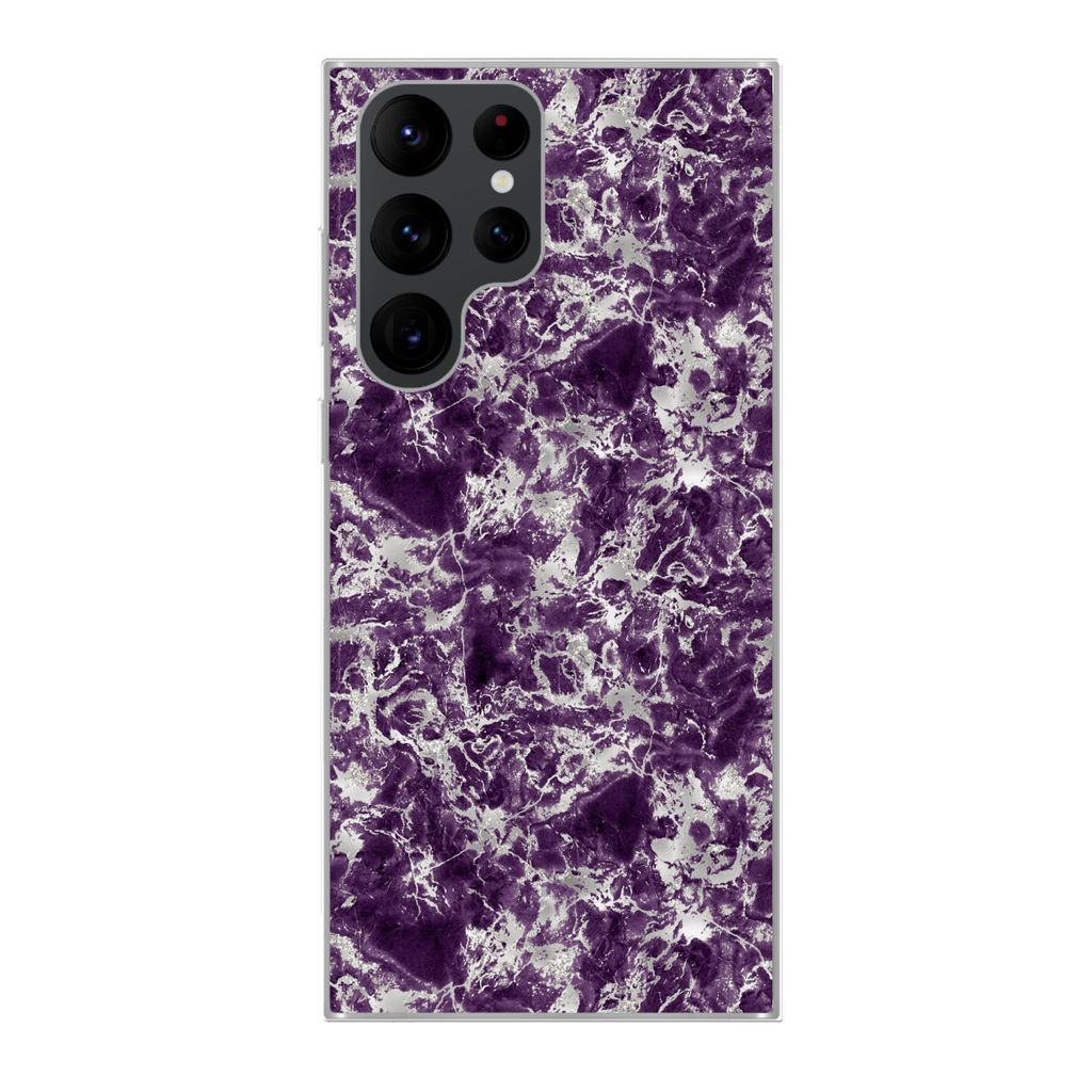 MuchoWow Handyhülle Schutzhülle Hülle für Samsung Galaxy S22 Ultra Marmor - Lila - Silber - Muster Silikon Softcase Handy Hülle - Abbildung