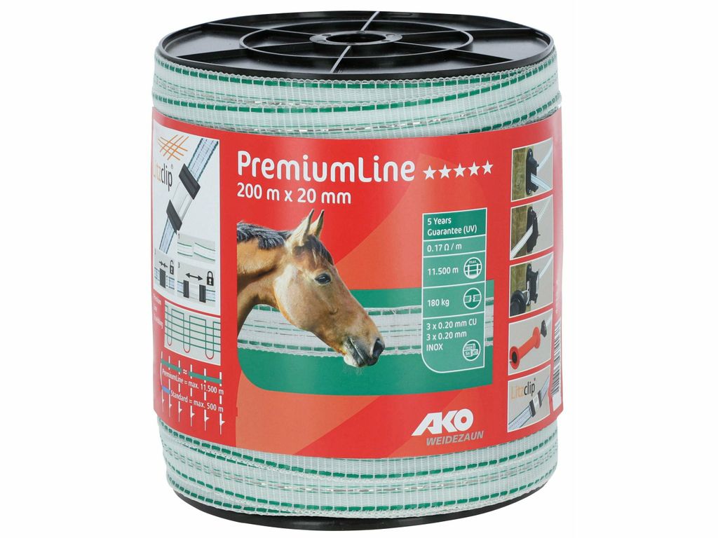 AKO Weidezaunband PremiumLine weiß/grün, 200 m Länge, 20 mm breit, Tierzaun
