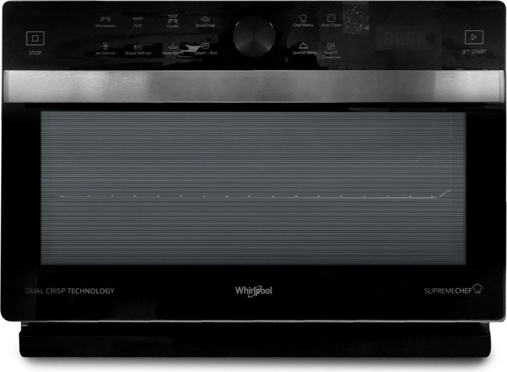 A front view of a black Whirlpool microwave oven with a silver trim above the door.