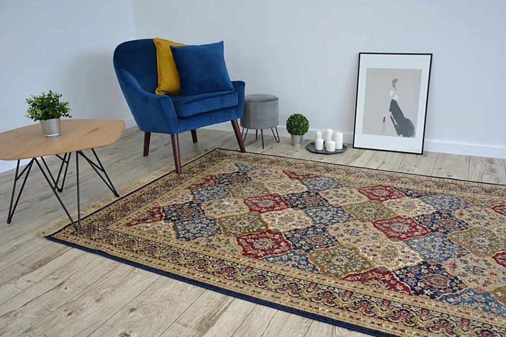 Tapis Bleu Foncé Multicolore WINDSOR avec Franges et Rosettes 120x170