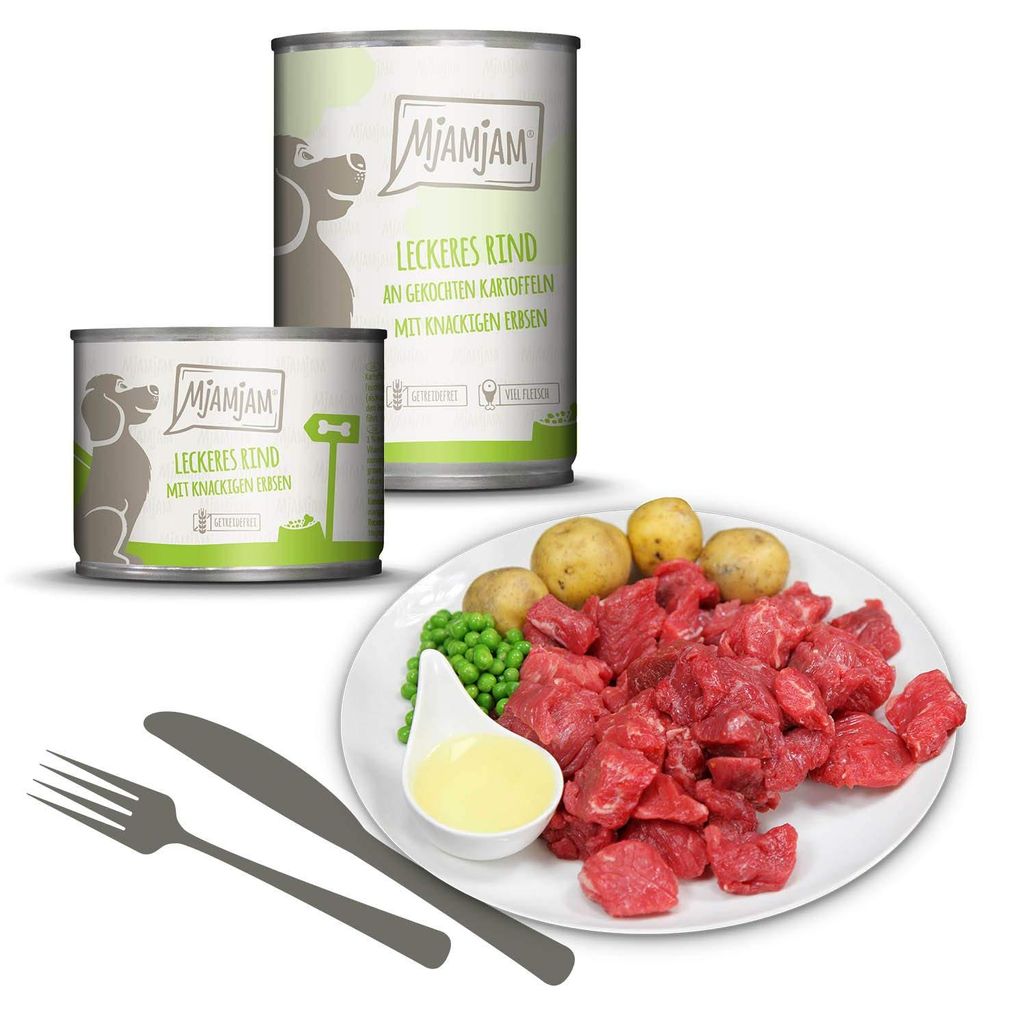 MjAMjAM Nassfutter Hunde Mixpaket II, 6 x 400 g, mit Huhn, Ente, Rind, Pute, Kalb, Lamm, naturbelassen