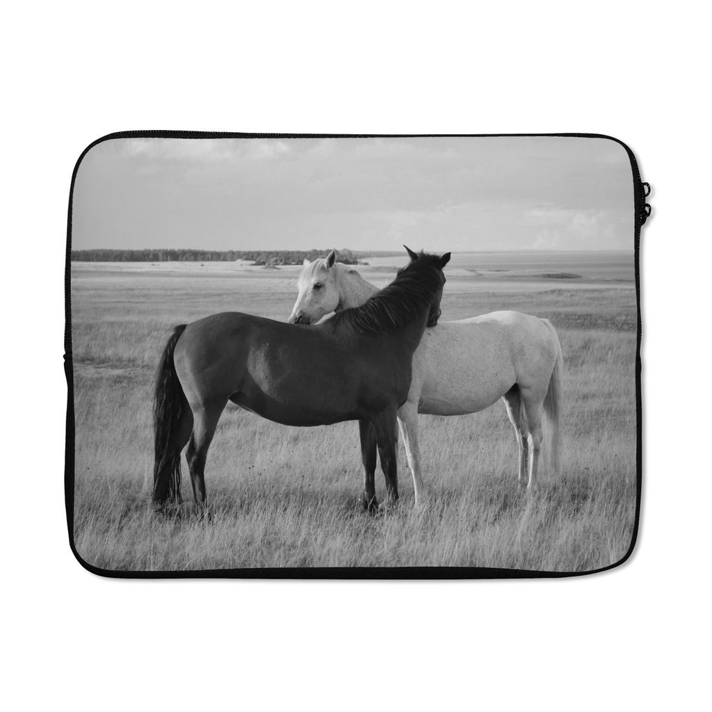 MuchoWow Laptop Hülle 17 Zoll Laptoptasche Pferde - Tiere - Porträt - Schwarz-Weiß - Landleben - Zipper - Schutzabdeckung