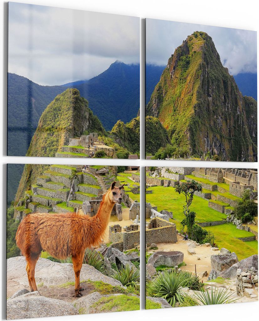 DEQORI Glasbild Echtglas 4x50x50 cm 'Machu Picchu mit Lama' Wandbilder XXL groß