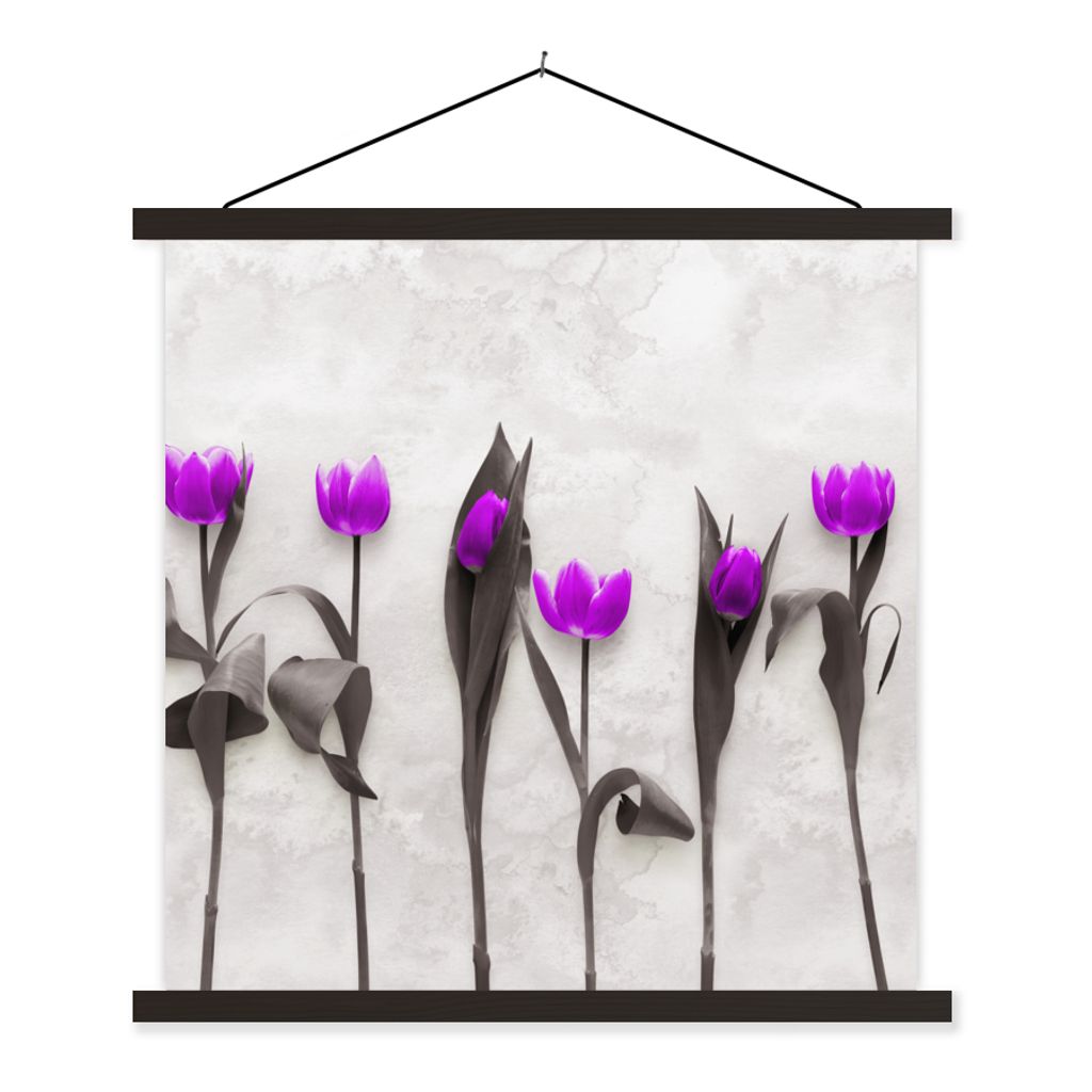 MuchoWow Textilposter Blumen - Tulpen - Lila 60x60 cm mit schwarzem Rahmen - Posteraufhänger