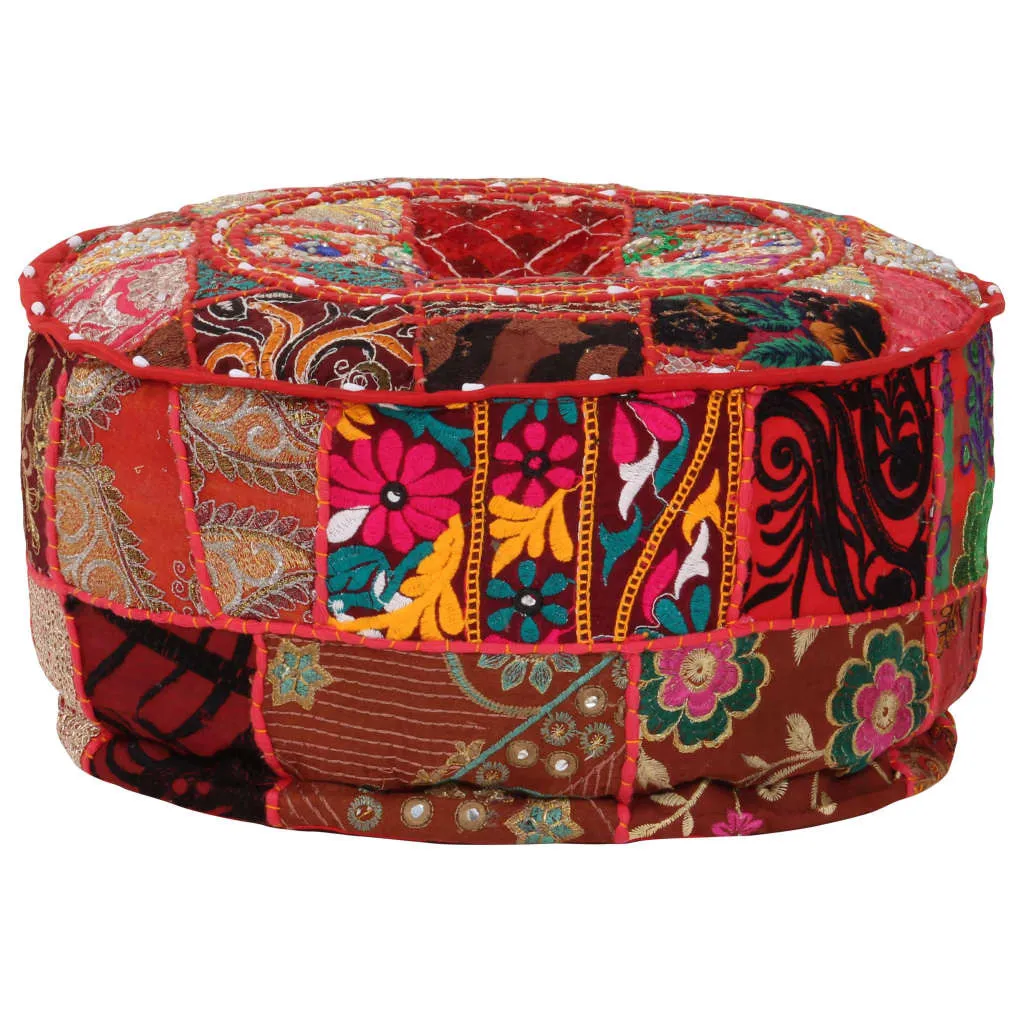 Pouf Artisanal Rouge en Coton Patchwork - Design Rond Compact 40x20 cm - 6