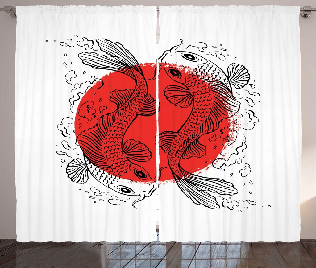 Rideau Noir et Vermillon Goldfish Motif Japonais avec Crochets 280x225cm