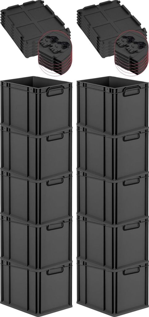 SuperSparSet 10x Eurobox NextGen Color mit Scharnierdeckel und Schiebeschnappverschlüssen | HxBxT 32x30x40cm | 30 Liter | Schwarz | Griffe schwarz...