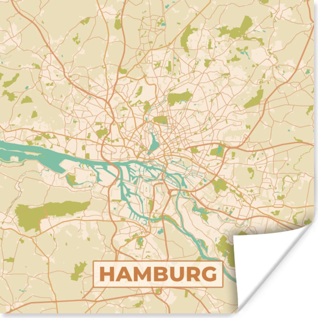 MuchoWow Poster Karte - Hamburg - Vintage - Stadtplan 30x30 cm - Wandposter - Printing
