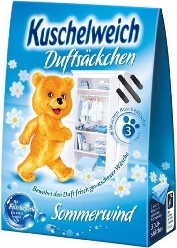 A product package for Kuschelweich Duftsäckchen (scented sachets) with a teddy bear illustration and a wardrobe.