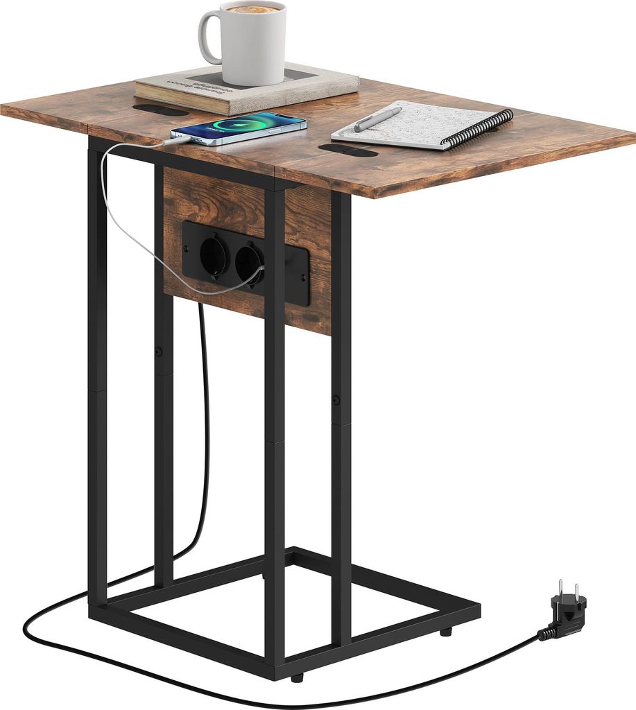 HOMCOM Beistelltisch Klappbar C-förmig Nachttisch mit Steckdosenleiste, Couchtisch mit Beinen aus Metall, Wohnzimmertisch Sofatisch für Wohnzimme...