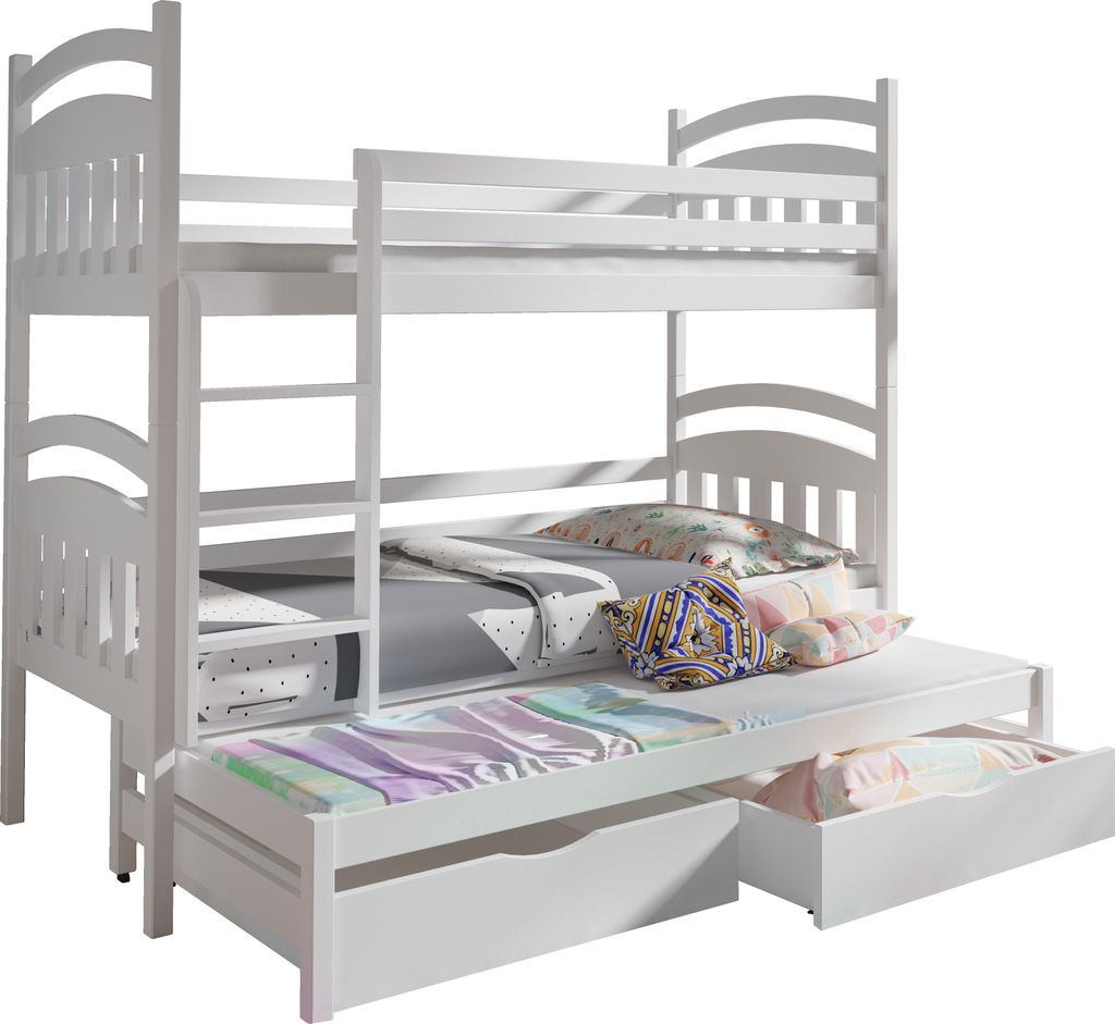 KEF ANTON Etagenbett Kinder Holz Kinderbett für Drei Kinder Leiter Universal mit Matratze 80x170 cm Weiß