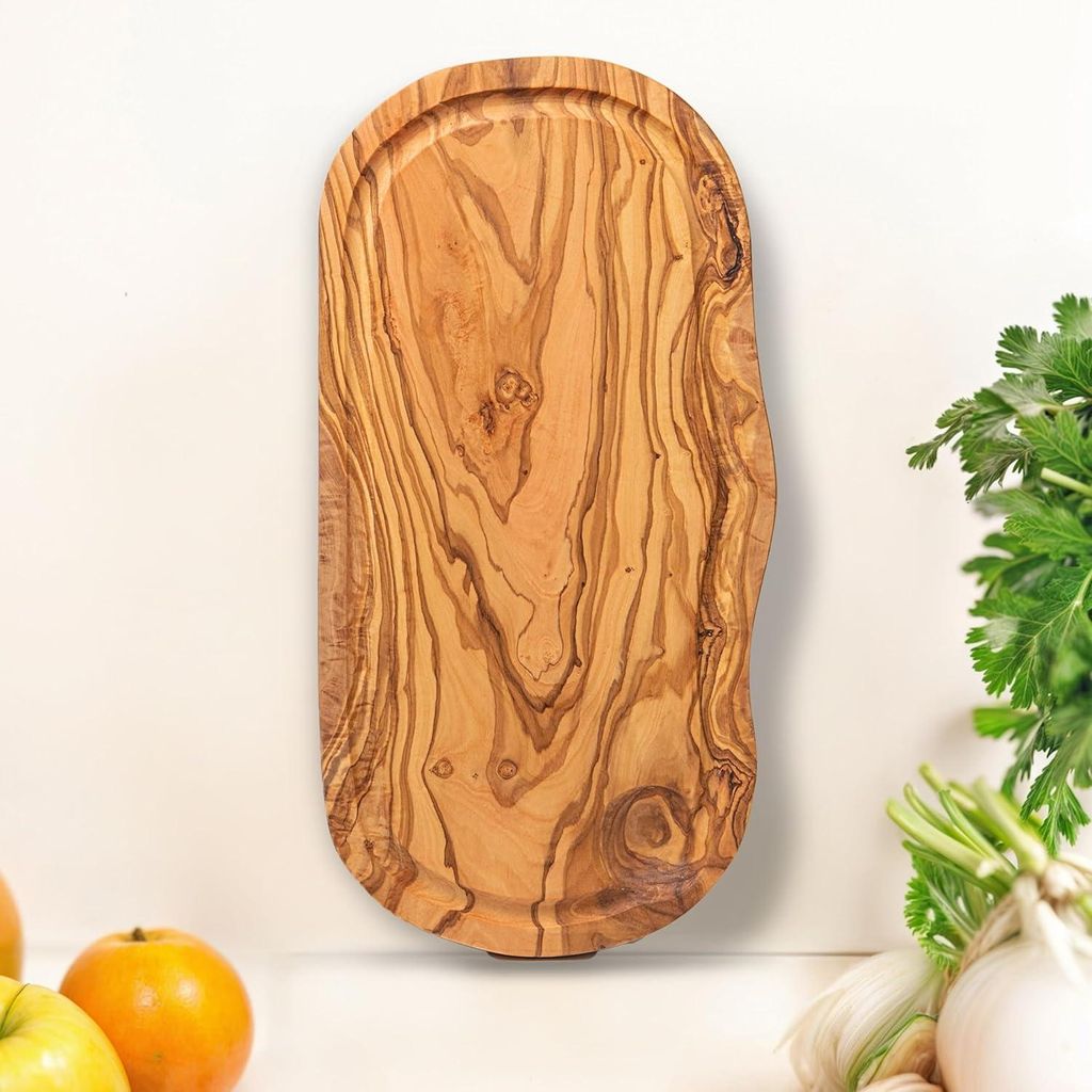Natürlich Olivenholz Schneidebrett - Essen Servieren oder Schneiden - Holz Schneidebrett Grill Käse Brot - Handgemacht - 39x18 cm Saftgrube