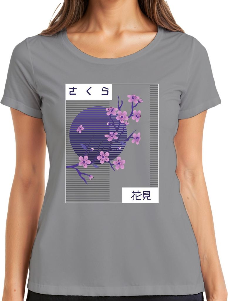 Kirschblüten Sakura さくら 花見 Hanami Japan Retro Vaporwave Nacht Damen T-Shirt, Grau, M