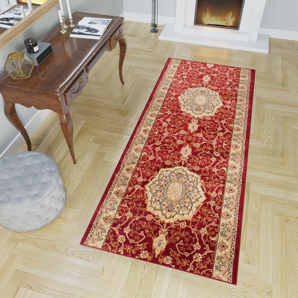 Läufer Teppich Meterware Flur Wohnzimmer Schlafzimmer Kurzflor Rot Beige Klassisch Design Meliert 120 x 170