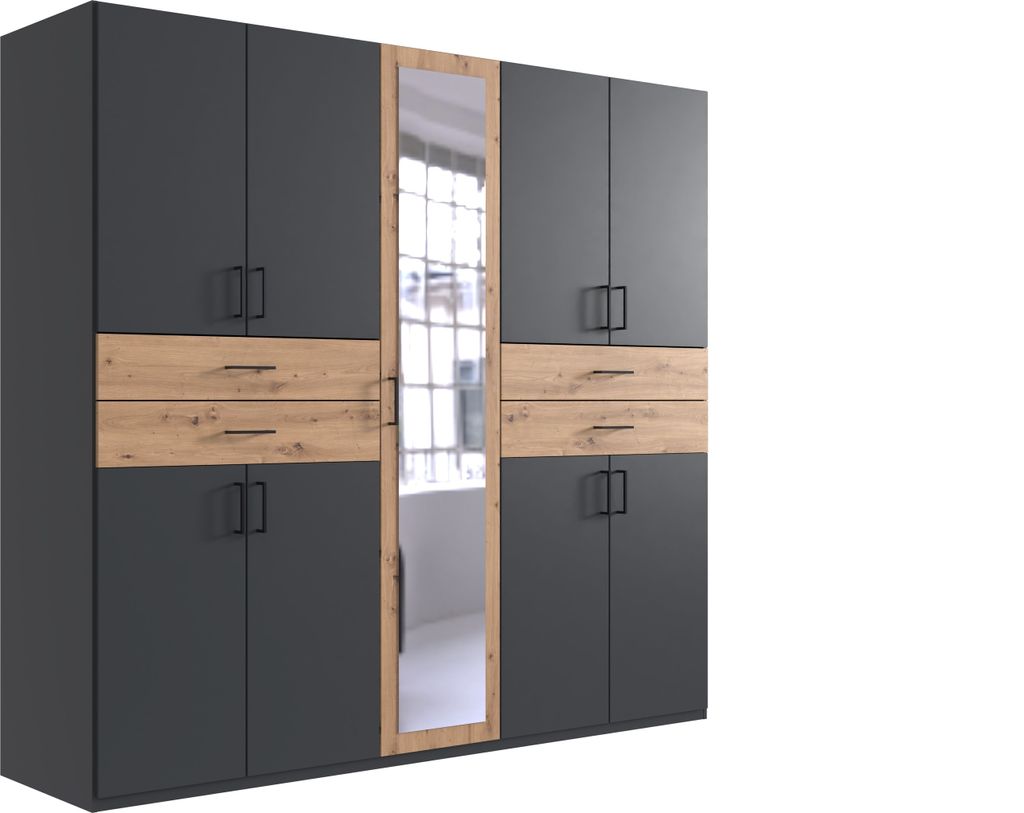 Drehtürenschrank >Taiga< 9 Türen, 4 Schübe, Graphit / Artisan Eiche Nachbildung - 225x208x58cm BxHxT
