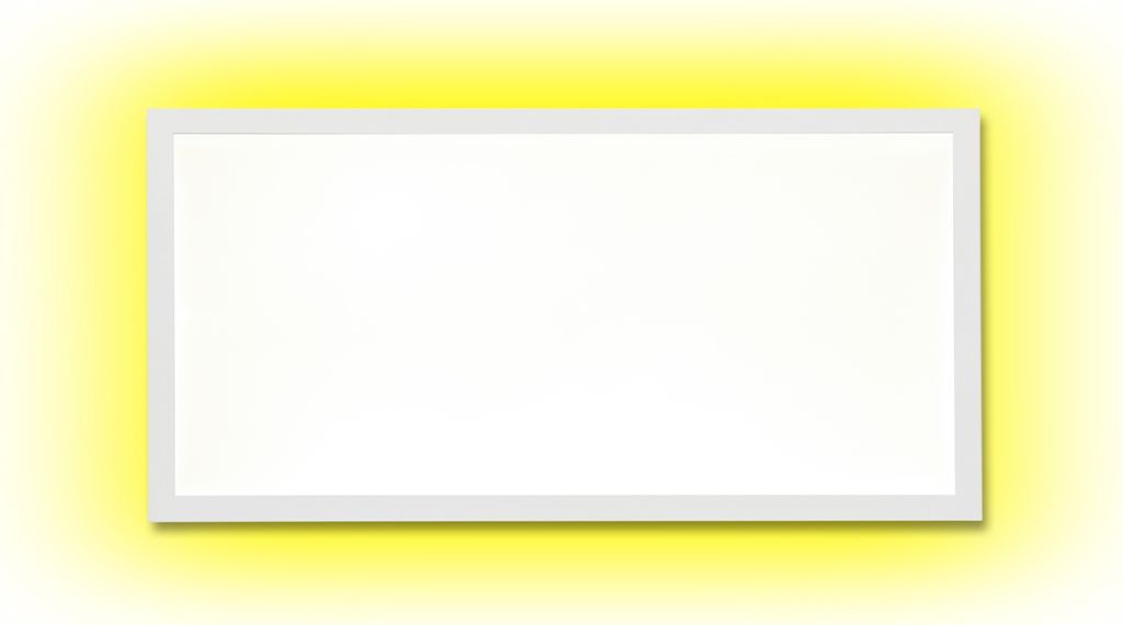 A white rectangular LED panel with a white frame is centered on a yellow gradient background.