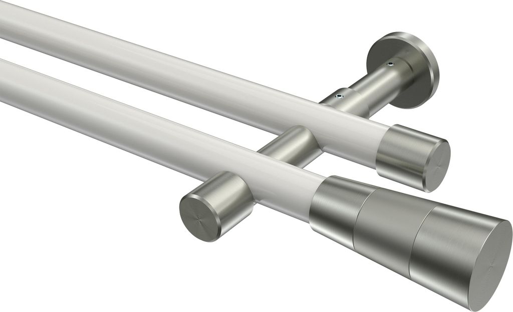 Interdeco Gardinenstange / Vorhangstange Weiß / Edelstahl-Optik, Typ Prestige Tanara (Konus Bicolor) ohne Ringe, 20 mm Ø 2-läufig, 360 cm