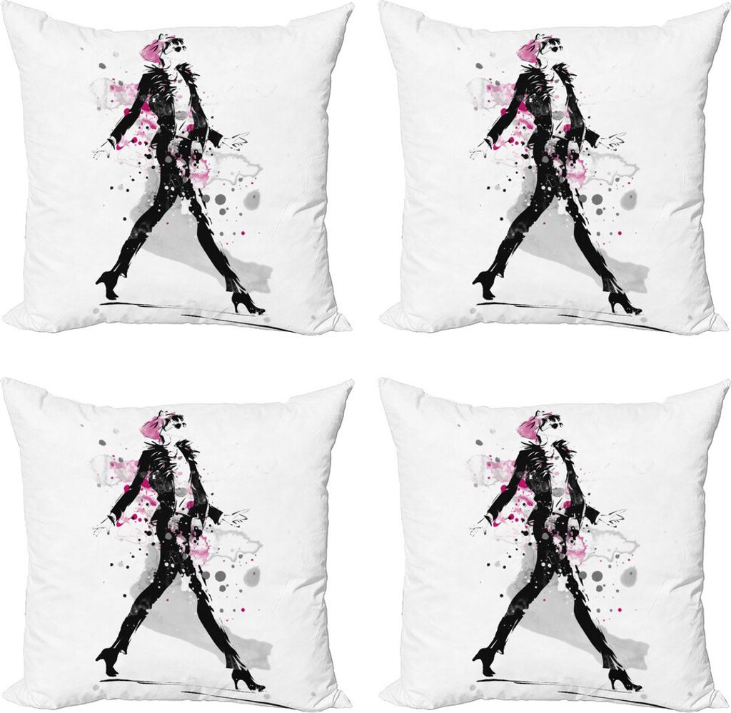 ABAKUHAUS Mode Kissenbezug Set (4 Stück), Frau Laufsteg, Moderner Doppelseitiger Digitaldruck, 45 cm x 45 cm, Schwarz und Pink