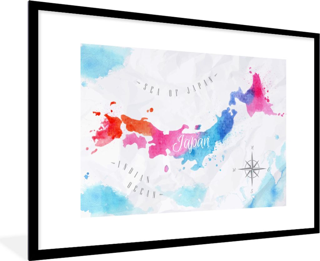 MuchoWow MuchoWow Gerahmtes Poster Karte - Farbe - Japan 90x60 cm - Poster mit zchwarzem Bilderrahmen - Wanddekoration - Fotos