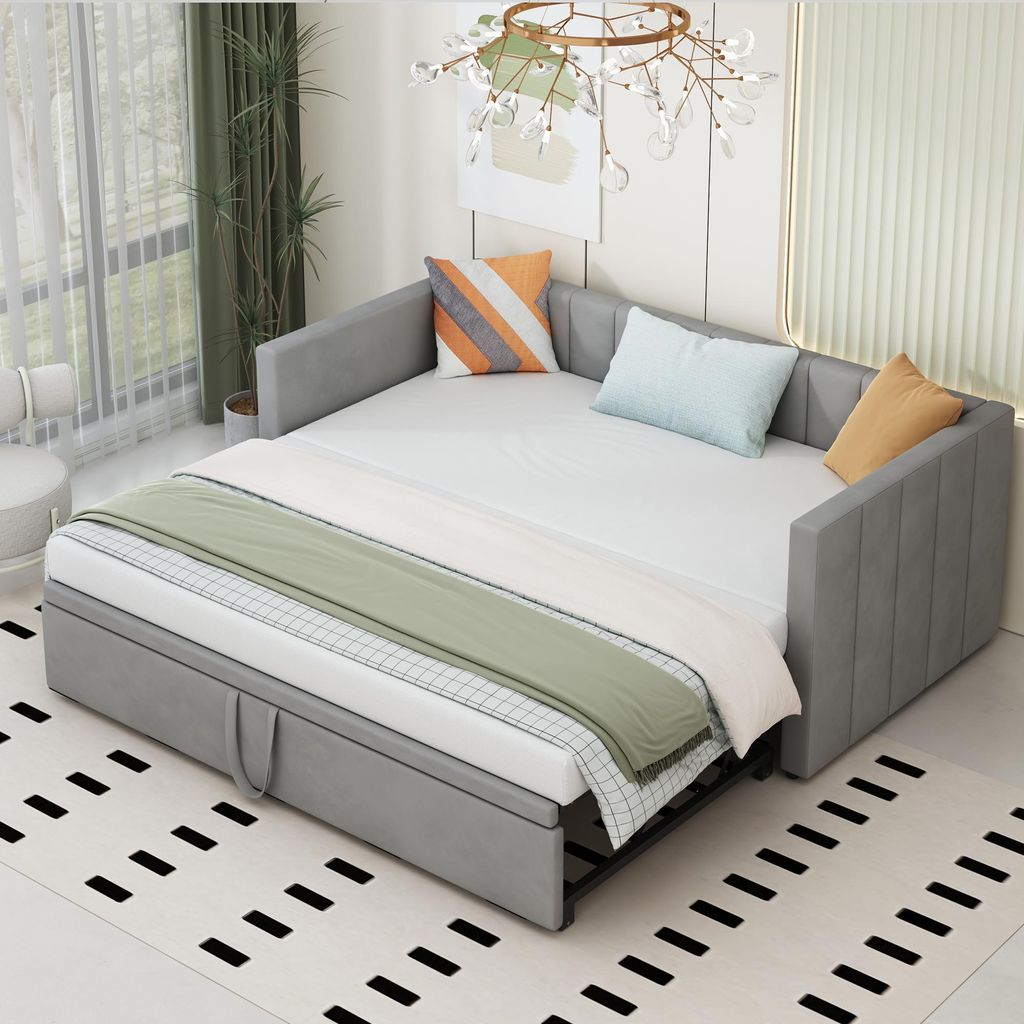 Schlafsofa ausziehbar, Polsterbett 90x200, Tagesbett Samt Grau, Gästebett Doppelbett, Ausziehbett 180x200, Daybed mit Lattenrost, Multifunktionsbe...