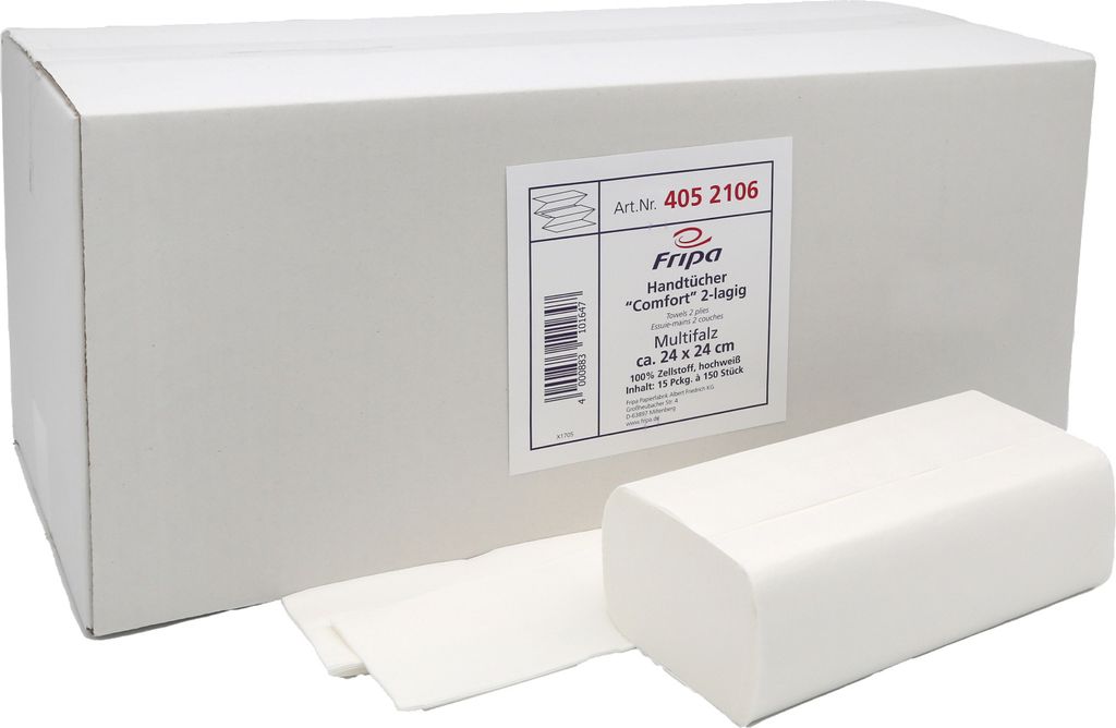 fripa Handtuchpapier COMFORT, 24 x 24 cm, Falzung Z-Falz, 2-lagig, hochweiß, 100 % Zellstoff, Dekoprägung, 15 Pack à 150 Blatt/Karton