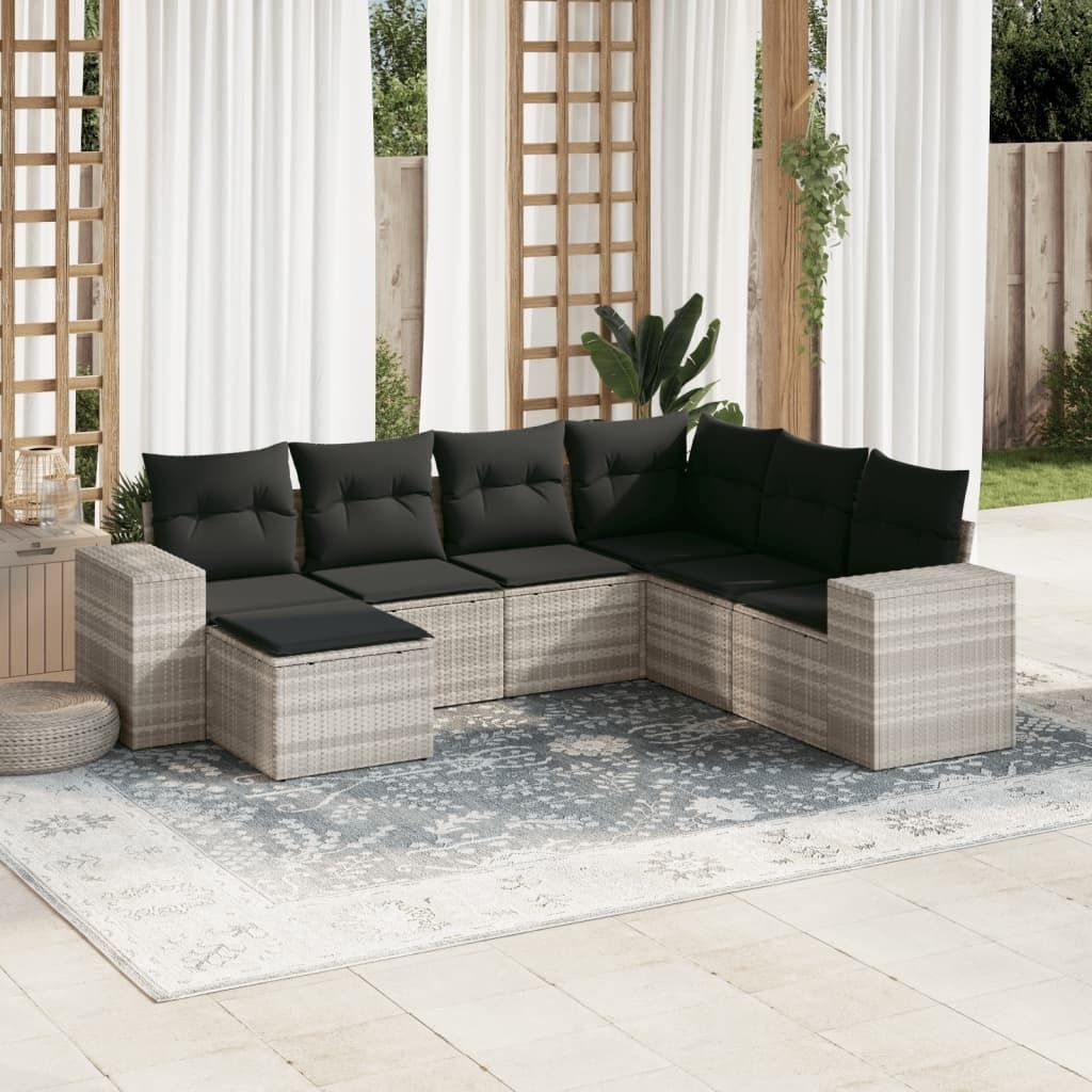 Industrie-Stil 7-tlg. Garten-Sofagarnitur Sofa Set mit Kissen Hellgrau Poly Rattan Terrassenmöbel2024 cloris