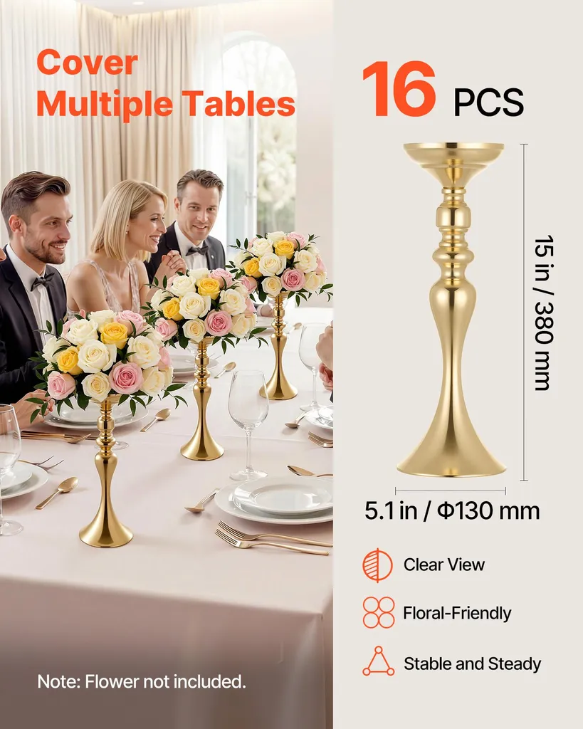 Vase de Mariage Stable en Métal Or - Centre de Table Chic 38 cm - 3