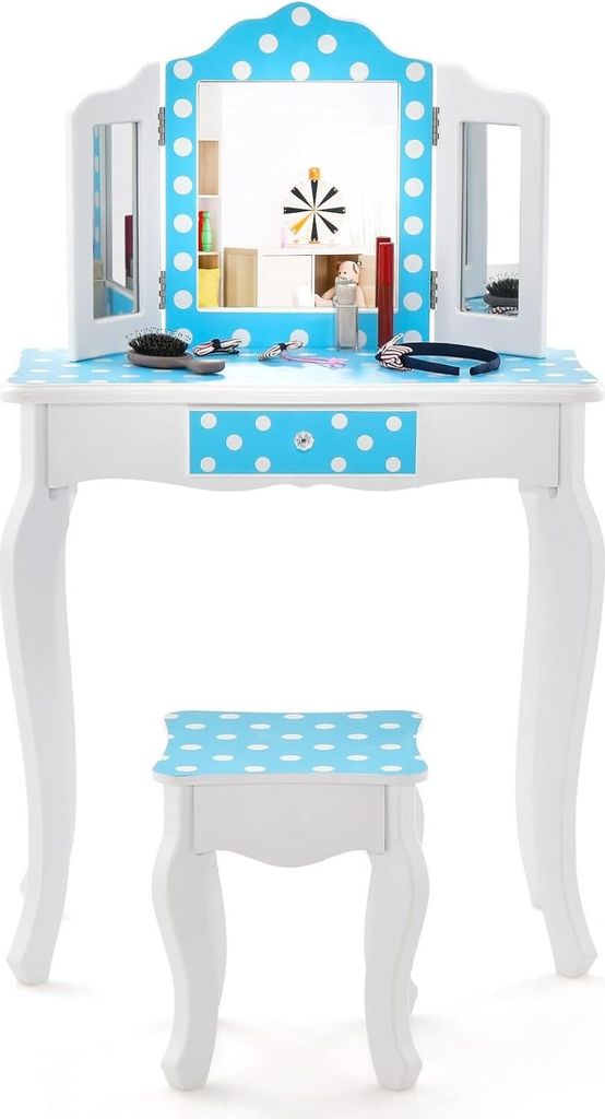 GOPLUS Schmink für Kinder, Prinzessinnen-Frisiertisch mit Spiegel, Abnehmbarer Platte, Kinder Schminktisch mit Schublade & Hocker, Kosmetiktisch M...