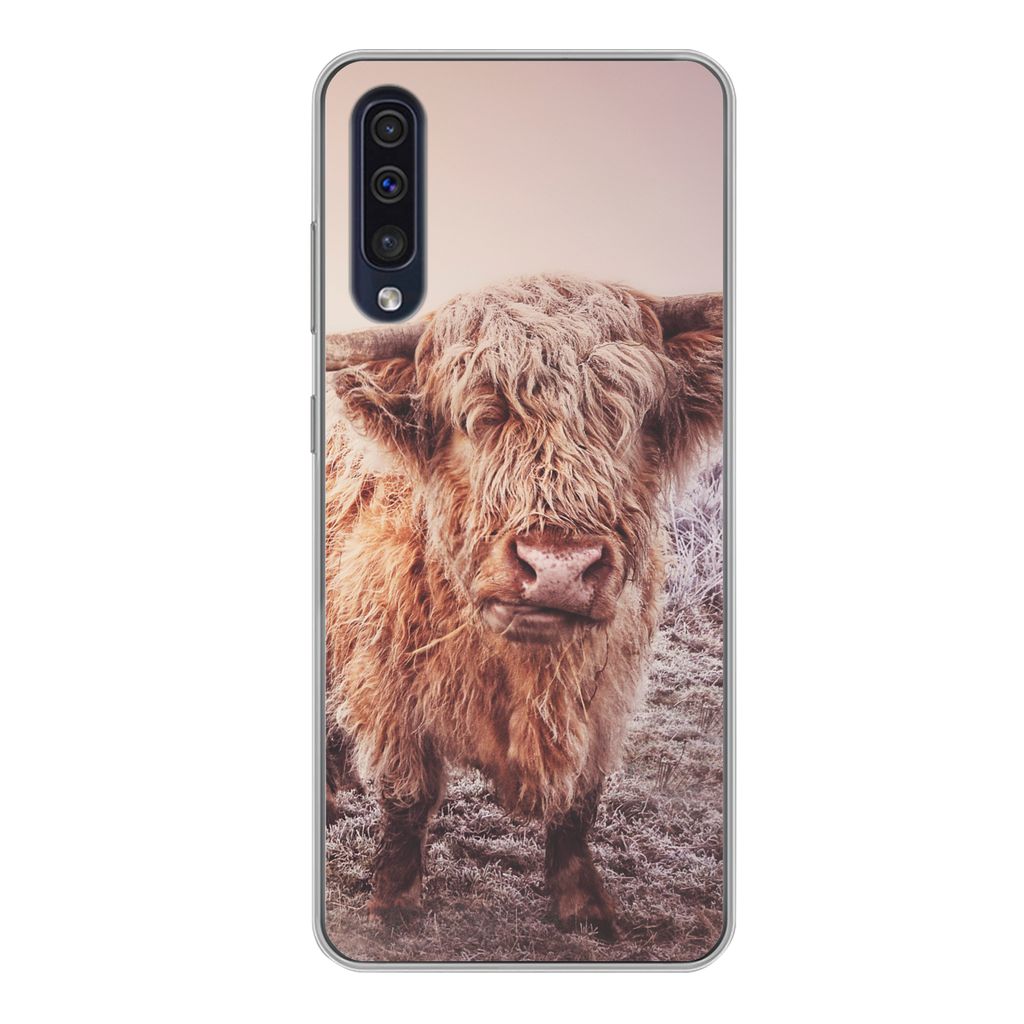 MuchoWow Handyhülle Schutzhülle Hülle für Samsung Galaxy A50 Schottische Hochlandbewohner - Licht - Himmel - Natur Silikon Softcase Handy Hü...