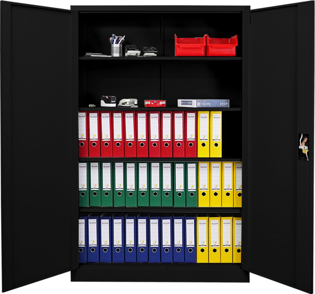 Flügeltürenschrank ELEPHANT mit 2 Türen, abschließbar | HxBxT 180x120x40cm | 4 Ebenen | Stahl mit Pulverbeschichtung | Schwarz | Spind Aktensch...