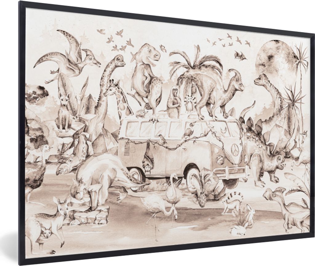 MuchoWow Gerahmtes Poster Dinosaurier - Bus - Kinder - Tiere - Bäume 30x20 cm - Poster mit Schwarzem Bilderrahmen Wandposter Rahmen Foto Bilder ...