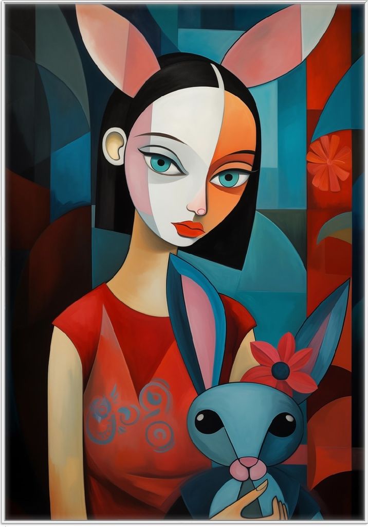 Wallario Wandbild Kubistisches Hasenmädchen, Größe: 70,30 x 100,30 cm, Poster mit weißem Kunststoffrahmen