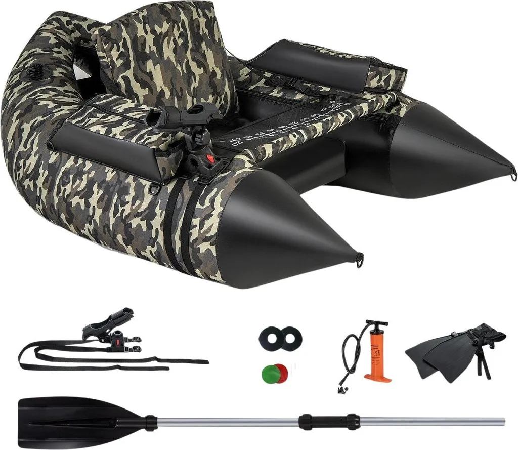 Bateau de pêche gonflable camouflage avec règle à poisson et palmes