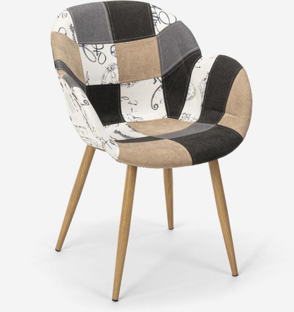 A patchwork chair with wooden legs on a white background.