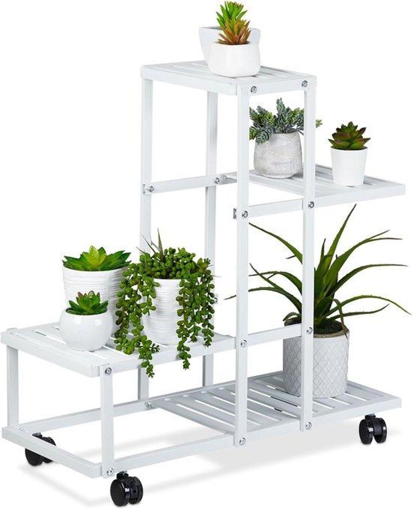 Famanu Pflanzenregal mit 4 Ablagen - weiß, für Blumen und Kräuter, rollbar