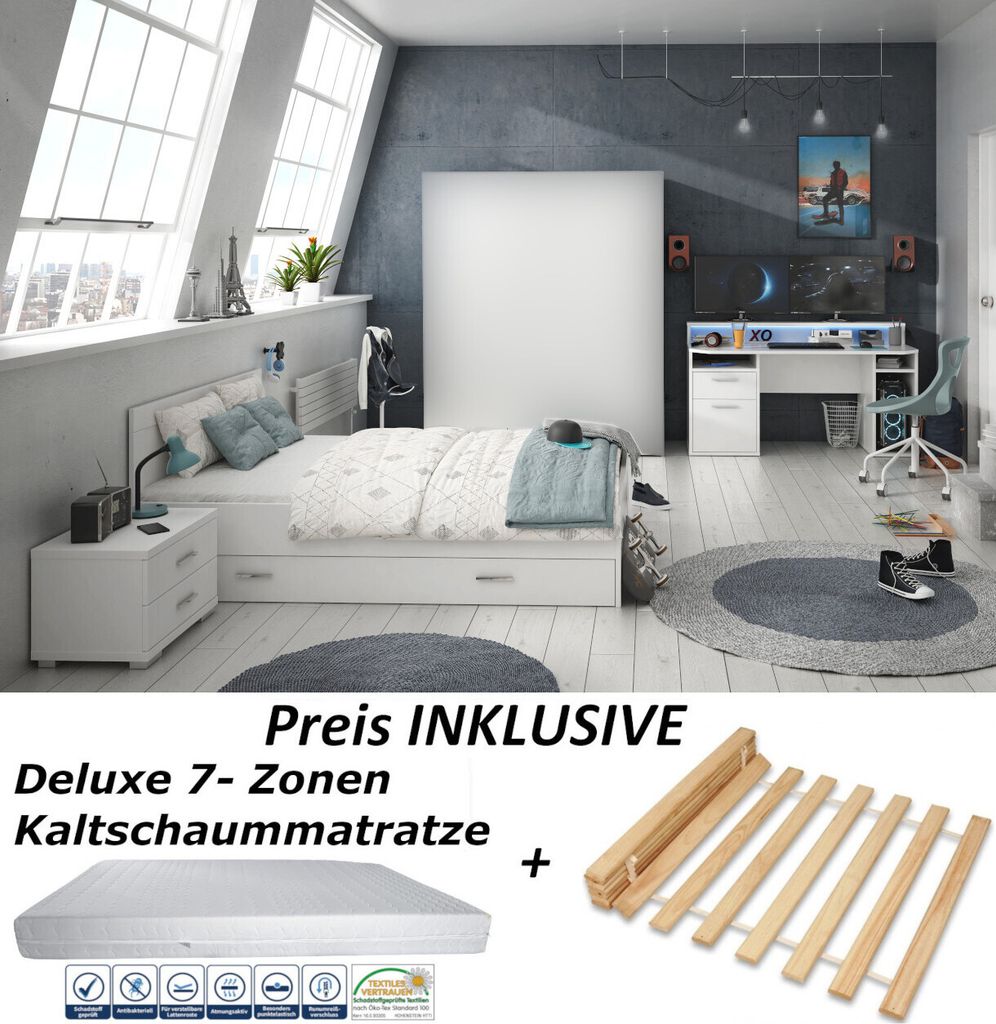 Jugendzimmer Gaming Zimmer Tezaur "Snow" von Forte 6 teilig mit großem Gaming Tisch, Matratze, Lattenrost