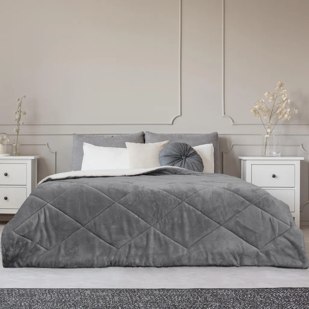 Jeté de lit gris en flanelle et sherpa 220x240 cm - Plaid chaud de luxe