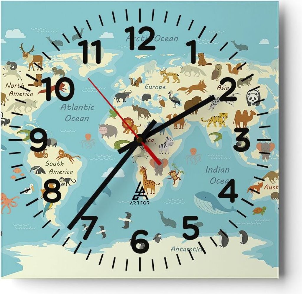 Wanduhr - Quadrat - Glasuhr - Tiere die Welt Karte - 40x40cm - Schleichendes Uhrwerk - Lautlos - zum Aufhängen bereit - Dekoration Modern - Wandde...