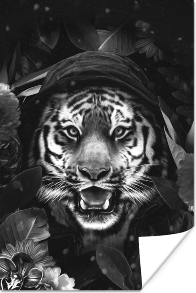 MuchoWow Poster Tiger mit einer Kapuze auf zwischen den blauen Blumen - schwarz und weiß 20x30 cm - Papierdruck