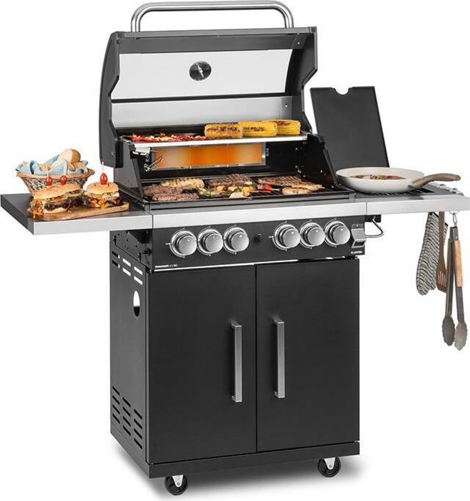 Klarstein Gasgrill mit Großer Grillfläche, 20,7 kW Gasgrill mit 6 Brenner, Edelstahl-Gasgrill mit Seitentischen, BBQ Gasgrill für Balkon und Gar...