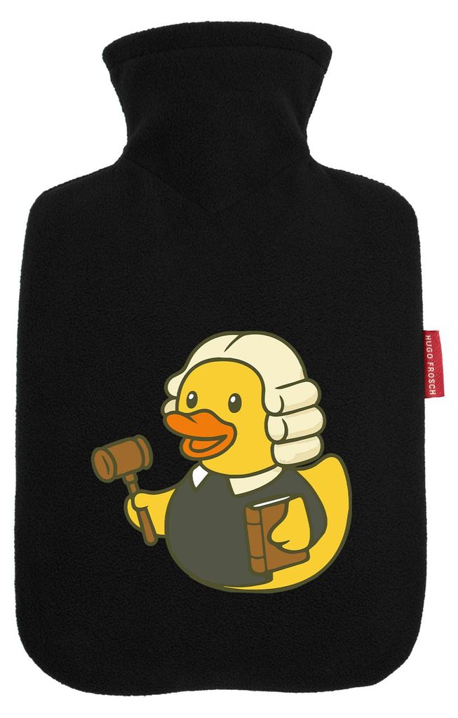 Huuraa Wärmflasche Quietscheente Jurist Comic Gummiente 1,8 Liter Black Classic Veloursbezug Bettflasche Geschenkidee