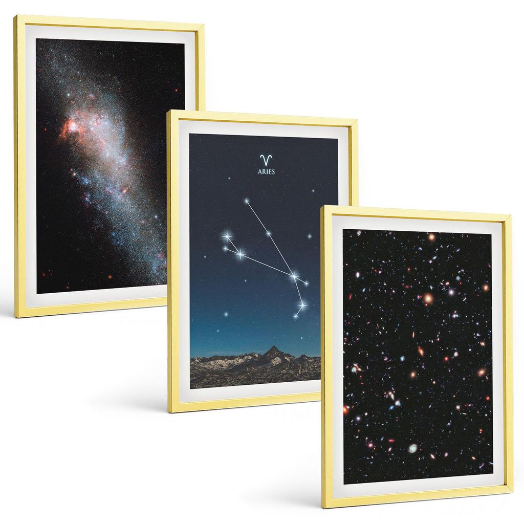 Bilder Set 3-teilig im Goldrahmen Rahmen – Wandbilder 3 Stück – gerahmte Poster für Wohnzimmer, Schlafzimmer und Flur – 40x60 cm – Kosmis...