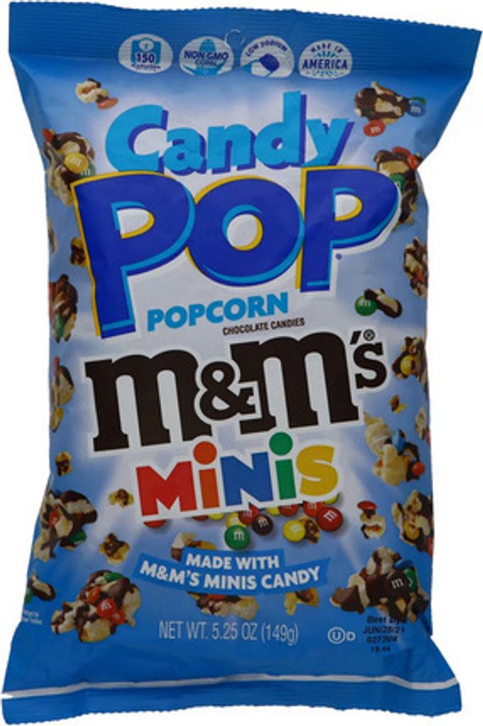 A bag of Candy Pop Popcorn with M&M's Minis.