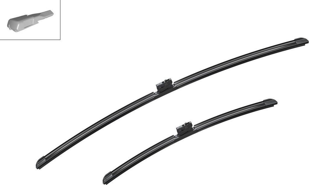 Two windshield wiper blades are shown against a white background. A small inset image in the top left shows a close-up of one of the wiper blade connectors.