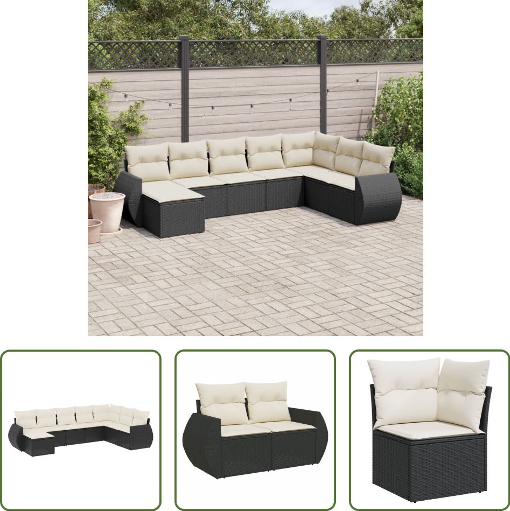The Living Store 8-tlg. Garten-Sofagarnitur mit Kissen Schwarz Poly Rattan