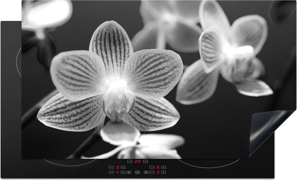 KitchenYeah Herdabdeckplatte Orchideenblüte - schwarz und weiß , 91x52cm, Küche Deko, Glaskeramikkochfeld Herdabdeckung, Abdeckplatte fùr Koc...