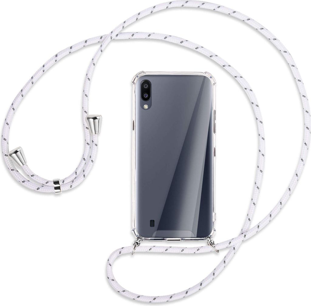 Handykette Backcover-Schutzhülle mit Band (Metall silberfarben) für Samsung Galaxy A10 - weiß/grau