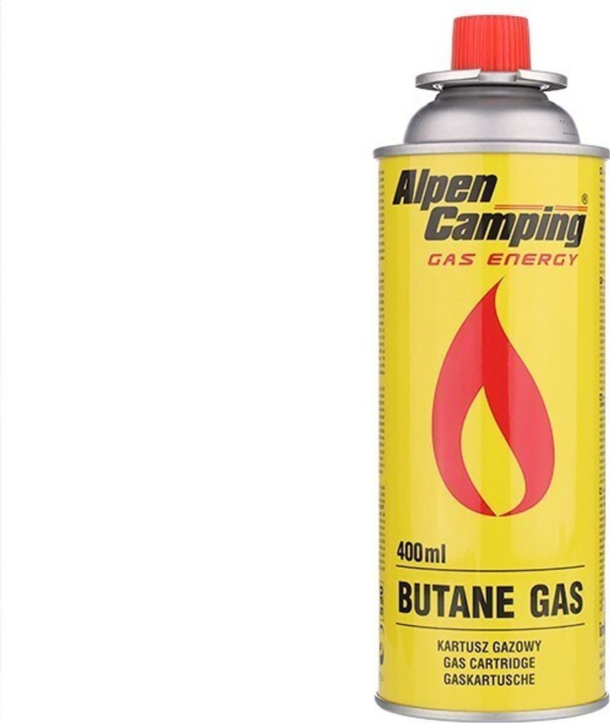 A yellow gas cartridge with red and black text and a red flame graphic.