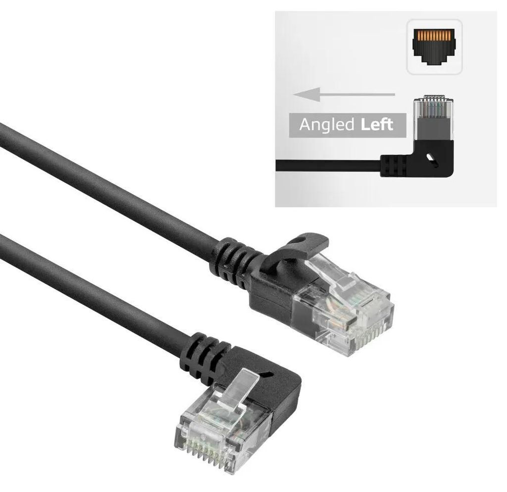 ACT Black 5 meters U/UTP CAT6A LSZH Slimline patch cable with RJ45 connectors 90? angled left to straight (DC1905)