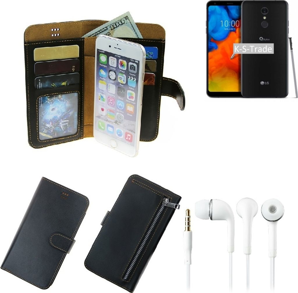 TOP SET Handy Hülle Schutz Hülle kompatibel mit LG Electronics Q Stylus schwarz aus Kunstleder + Kopfhörer Smartphone Tasche vollwertige